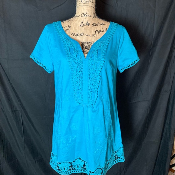 Motto Tops - Crochet bottom teal blue tunic 3/$10